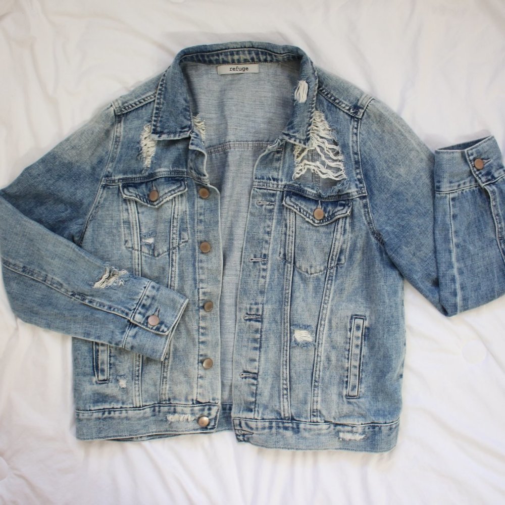 Refuge Distressed Denim Jacket Medium